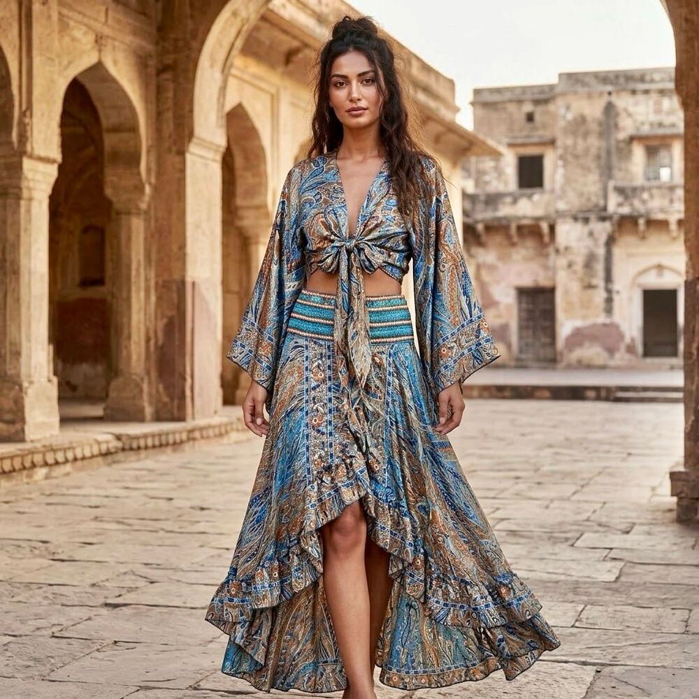 NWT Boho Fashion Silk Floral Paisley Top & Maxi Skirt 2Pc Set Shimmery Gold Blue